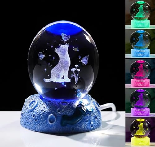 GITGRNTH 16 Color Led 3D Crystal Ball Lamp -Hand Cat Night Light, 3D Cat Crystal Ball With Butterfly, Crystal Laser Engraved Bedroom Decorative