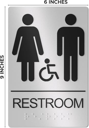 Unisex Bathroom Signs, Restroom Sign For Business - For Men and Women - 2 Pack - 9" by 6" - ADA Compliant with Braille - Strong Double-Sided Adhesives Included - Apply to Office, Home, Public Door/Wall — view 2