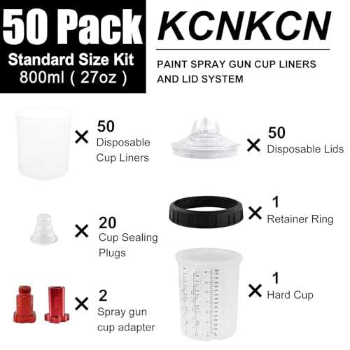 Image of Disposable Paint Spray Gun Cup Liners & Lid System, 50 Standard 27 Ounce (800ml) Kit - 190 Mic- 50 Cup Liners, 50 Lids with Strainer, 1 Hard Cup with Retainer Ring 20 Plugs,2 Cup Adapters