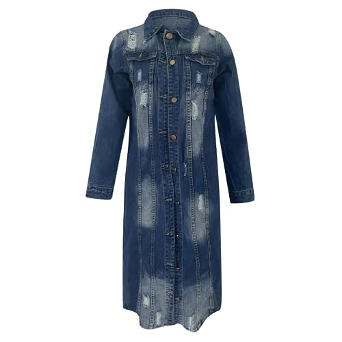 BORAMAX Women's Fashion Ripped Holes Maxi Long Denim Jacket Trench Coat Retro Blue Jackets Lapel Button Oversized Trench Coat3