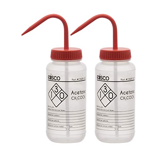 Eisco 2Pk Wash Bottles For Acetone, 500Ml - Labeled With Chemical Information & Safety Information (1 Color) - Wide Mouth, Self Venting, Low Density Polyethylene - Performance Plastics Labs #TOP22