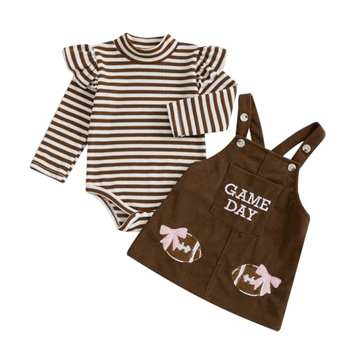 Newborn Infant Baby Girl Game Day Football Outfit Long Sleeve Striped Onesie with Corduroy Suspender Skirt Set (Khaki, 3-6 Months)