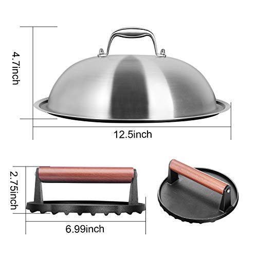 homenote Griddle Accessories for Blackstone, Commercial Grade 12 Inch Heavy Duty Melting Dome with Round Cast Iron Smash Burger Press Perfect for Flat Top Hibachi Grill Outdoor Indoor