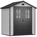 DWVO 6x4.4 FT Outdoor Storage Shed, Plastic Garden Tool Shed with 2 Windows, Double-Wall Outside Shed for Lawn Mower, Garden Tool for Backyard, Patio, Lawn, Lockable, Grey & Black