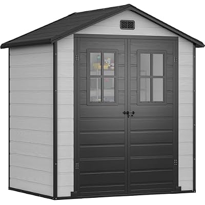 DWVO 6x4.4 FT Outdoor Storage Shed, Plastic Garden Tool Shed with 2 Windows, Double-Wall Outside Shed for Lawn Mower, Garden Tool for Backyard, Patio, Lawn, Lockable, Grey & Black