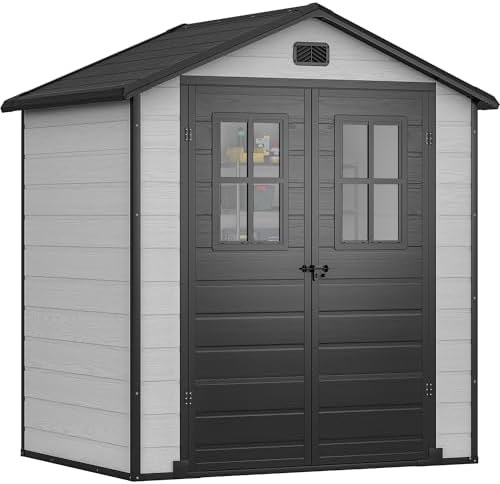 DWVO 6x4.4 FT Outdoor Storage Shed, Plastic Garden Tool Shed with 2 Windows, Double-Wall Outside Shed for Lawn Mower, Garden Tool for Backyard, Patio, Lawn, Lockable, Grey & Black
