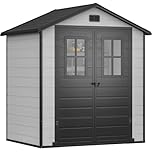 DWVO 6x4.4ft Outdoor Storage Shed, Plastic Garden Tool Shed with 2 Vision Windows, Double-Wall Outside Shed for Mower Lawn, Garden Tool for Backyard Lawn Patio, Lockable, Grey&Black