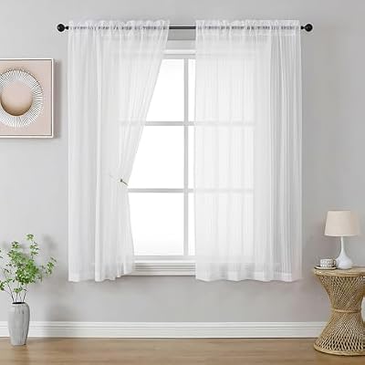 OWENIE Ivory Vertical Striped Sheer Curtains (2 Panels)