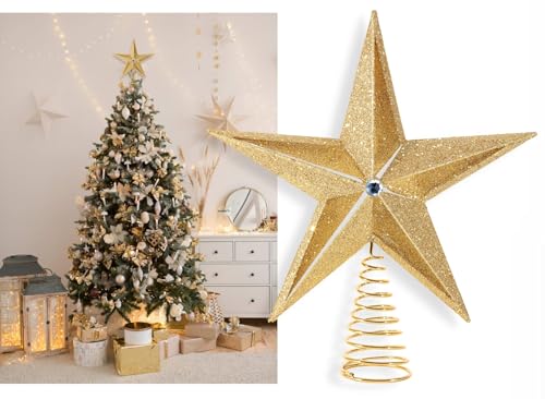 Christmas Traditions 10 inch Large Filigree Gold Glittered Christmas Star Tree Topper Star for Large Tree 6 feet-8 feet Tall/Home Decor Ornaments (Gold)
