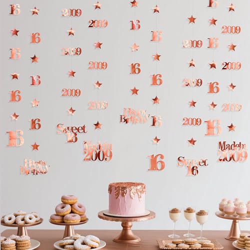 Image of 12PCS Rose Gold 16th Birthday Decorations Number 16 and 2009 Star Garland Streamer Banner Backdrop for Girls Boys Cheers to 16 Years Birthday Vintage Made in 2009 Sweet Sixteen Party Decor Supplies