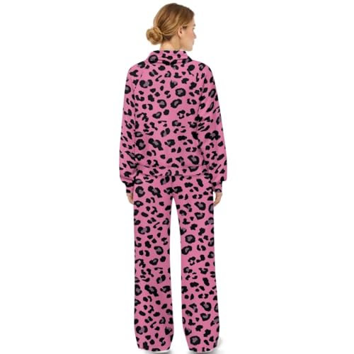 POLERO Pink Leopard Sweatsuits for Women 2 Piece Lounge Sets for Women Cute Outfits Comfy Trendy Cheetah Print Sweatshirt Wide Leg Sweatpants for Going Out Size S