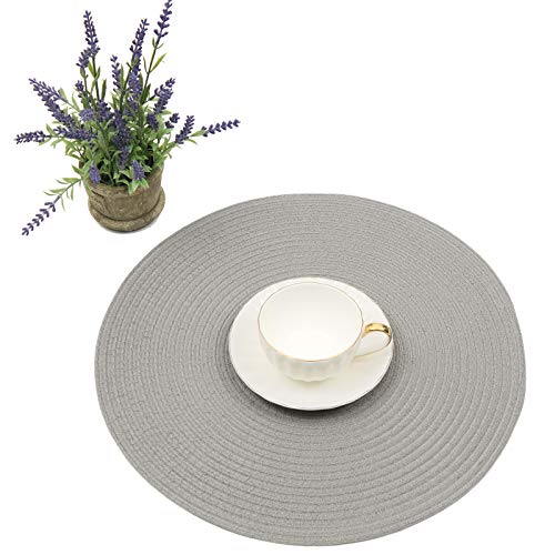 Image of SHACOS Round Braided Placemats Set of 8 Washable Fabric Heat Resistant 15 inch Grey Round Table Mats for Dining Tables (Gray, 8)