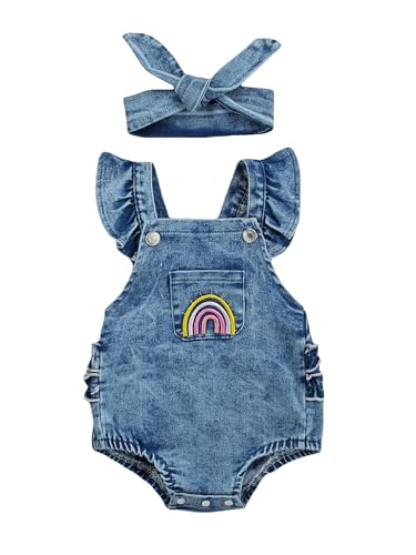 Image of Taoocy Baby Girls Summer Rompers Dress Newborn Denim Sunsuit Clothes Jumpsuits Headband Outfits