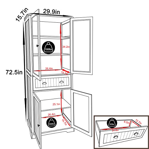 VEIKOU Kitchen Pantry Cabinets, 72\" Freestanding Kitchen Pantry Storage Cabinet with Glass Doors & Adjustable Shelves, Traditional Tall Pantry Cabinet Cupboard with Large Drawer, Off-White
