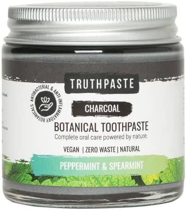 TRUTHPASTE Charcoal whitening Natural Zero Waste Toothpaste (Peppermint & Spearmint 100ml) Eco Friendly & Plastic Free with Coconut & Aloe Vera. Fluoride Free, SLS Free. Suitable for Sensitive Teeth