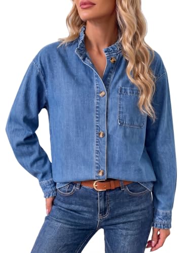 Flowyair Womens Denim Shirt Casual Button Down Ruffle Jean Fall Tops - image 1