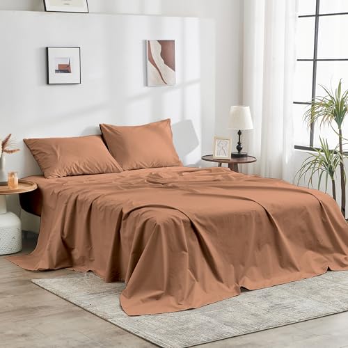 DOZ 100% GOTS Certified Organic Cotton Sheet Set, Crisp Percale Weave, Long Staple, Breathable, Matte Finish, Hotel Style, Durable, 3pc – 2 Pillowcases 1 Fitted (Clay, Full)