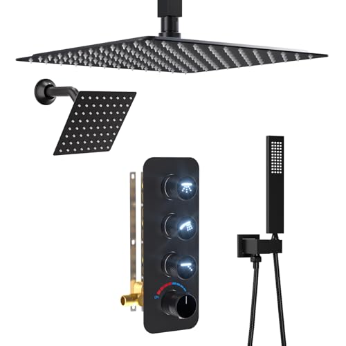 Enga Dual Rain Shower Head System, 12 Inch Shower Head with 6 Inch Shower Head, Glowing Icon Diverter Valve, Use All Functions At a Time, Matte Black