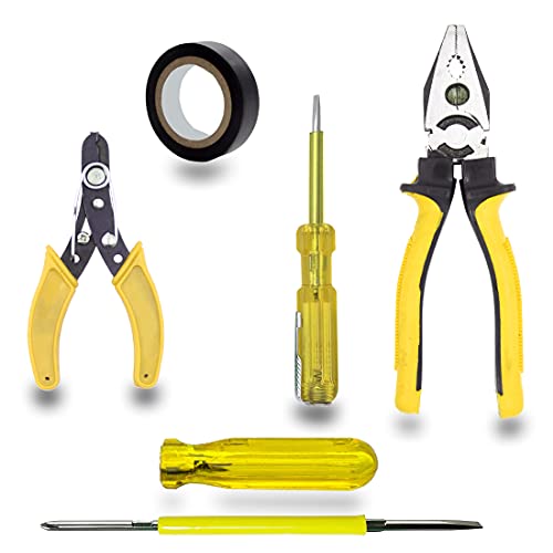 Walkers Combo of Plier, 2in1 Screwdriver, Line Tester, Electrical Tape, Wire Cutter Hand Tool Kit (5 Tools)