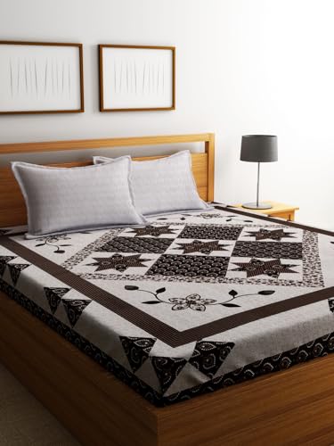 Image of Home Sizzler 210TC Glace Cotton Ethnic Geometric Brown Double Bedsheet with 2 King Size Pillow Cover