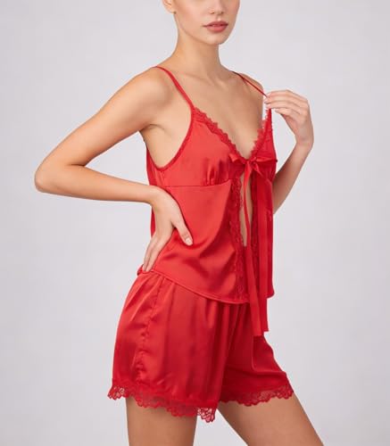 Image of ROAONOCOMO Women Lace Trim Pj Shorts Set Square Neck Coquette Tank Top Silk Satin Pajama Set Babydoll 2 Piece Shorts Outfit