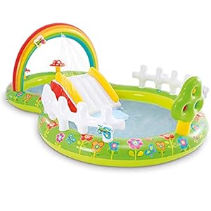 Opblaasbaar zwembad voor kinderen met glijbaan Rainbow Play Center kinderbadje tuin zwembad opstelzwembad met opblaasbare paddenstoelen, oceaanbal, opblaasbare vlinder en patch, 290 x 180 x 104 cm
