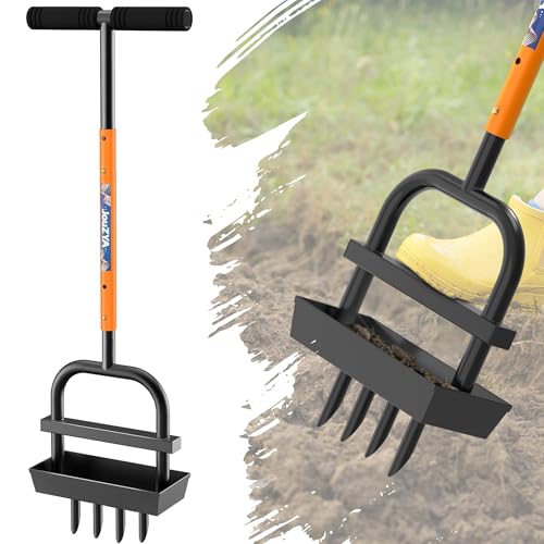JouZYA Adjustable Lawn Aerator Coring Tool with Soil Core Collection Tray, 4 Tines Manual Yard Air Grass Aerator Gardening Tool for Lawn Care Courtyard,Orange（Updated Box）
