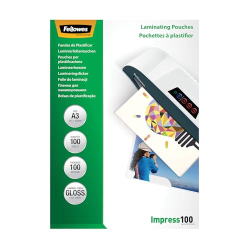 Fellowes Laminierfolien A3, 100 Mikron (2 x 100 mic), glänzend, 100 Stück