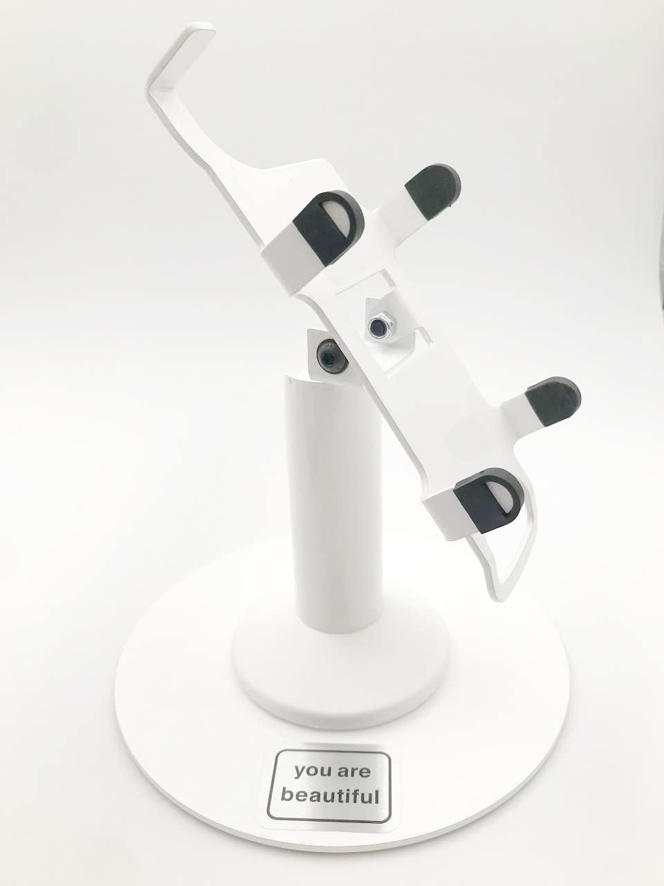 DCCStands Freestanding Swivel and Tilt Pax A920 / A920 Pro Terminal Stand, Round Plate and You are Beautiful Sticker, Screw-in and Adhesive (White)