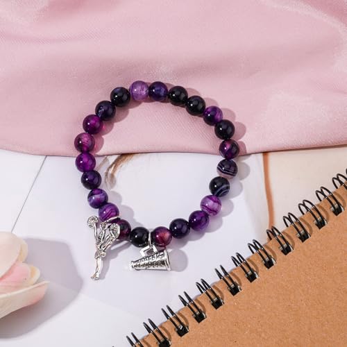 Cheer Bracelet, Purple Agate Smooth Cheerleading Beaded Bracelet Charming Mysterious Cheerleader Gifts with Encouragement Card Cheer Stuff with Cheerleader Pendant for Cheering Squad4
