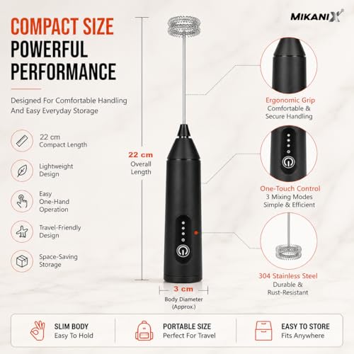 Image of MIKANIX Electric Milk Frother Handheld | Rechargeable Drink Mixer and Coffee Foamer Wand with 3 Speed Modes, Wireless Hand Held Milk Bubble Machine Whisks for Matcha, Latte, Hot Chocolate (Black)