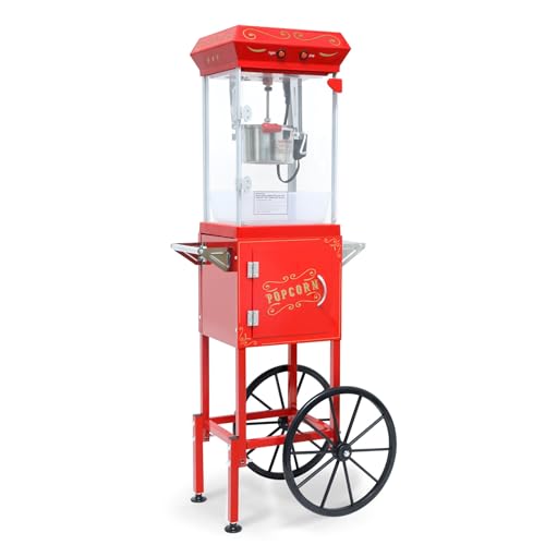 Image of Popcorn Machine with Cart, with Wheels & 6 Oz Pot Popcorn maker Equipped with Popcorn Scoops & Tools, Mobile Cart with Lockers for Commercial Home Movie Theater Vintage Style (Red)