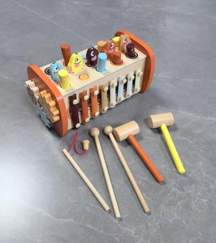 HYAKIDS Montessori Jouets en Bois, 6 en 1 Enfants Banc à Marteler, Jeu Marteau Pêche, Xylophone, Jouet Educatif Précoce pour 18+ Mois Garçons Filles