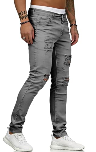 Image of HUNGSON Men's Blue Slim Fit Jeans Stretch Destroyed Ripped Skinny Jeans Side Striped Denim Pants