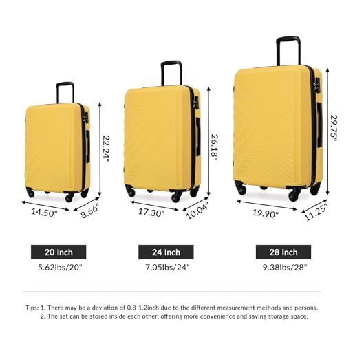 ABS Lightweight 3 Piece Luggage Set with Wheels and Lock - Yellow (20/24/28) - Durable Hard-Shell Suitcases for Travel2