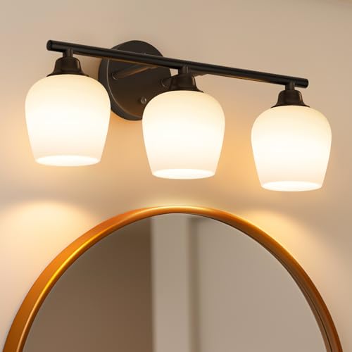 Image of ONEWISH Bathroom Light Fixtures - Modern Wall Sconces 3 Light Black, Wall Lamp for Vanity Light Over Mirror, Opal Glass Globe Lamp for Bedroom, Living Room, Hallway, E26 Socket Bulb NOT Included