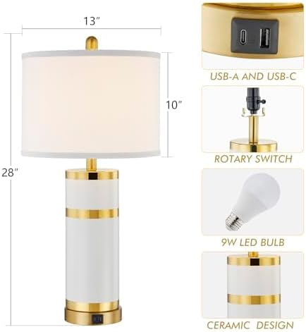28" Ceramic Table Lamps Set of 2 - Gold-Plated Bedside Lamps for Bedroom image 5