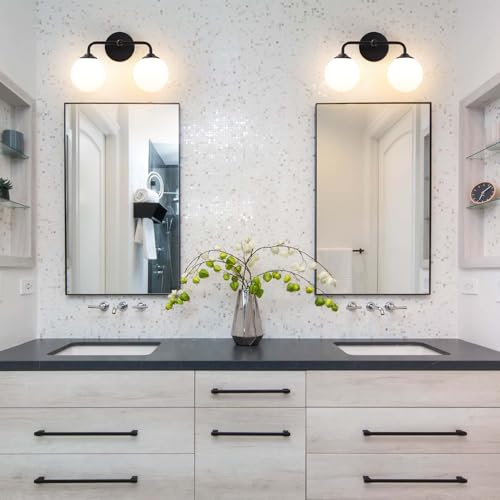Image of Industrial Matte Black 2-Lights Bathroom Light Fixtures, Vanity Wall Sconce Lighting with Milky White Glass Shade, Modern Bathroom Vanity Lighting, Wall Sconces over Mirror Dressing Table Bedroom