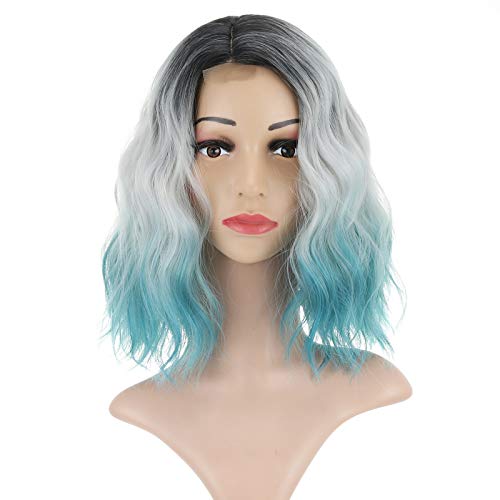 Short Bob Wig Loose Wave Shoulder Length Dark Root Blue Wig for Women Side Part Short Curly Lace Frontal Synthetic Wig(12 inch ombreblue)