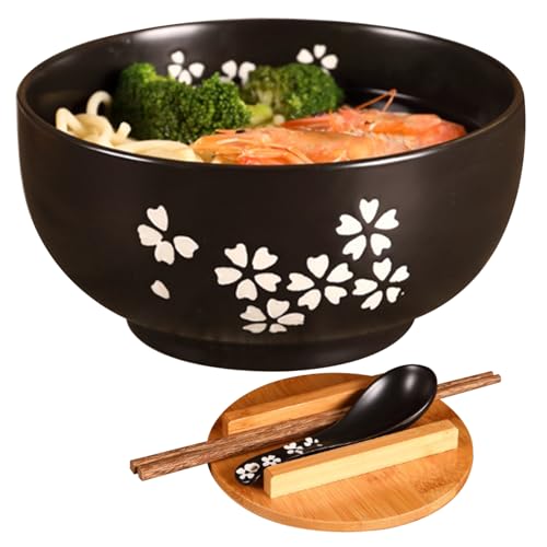 Ensemble de bols à ramen 1000 ml bols à ramen japonais bol à soupe ramen bols à nouilles en céramique à imprimé floral avec couvercle cuillère et baguettes passe au micro-ondes passe au lave-vaisselle