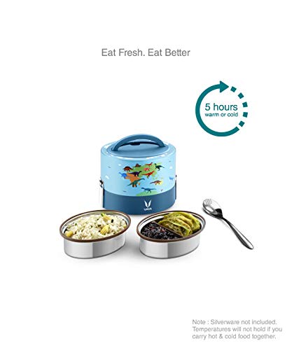 Image of VAYA TYFFYN Polished Stainless Steel Lunch Box for Kids Without Bagmat, 600 ml, 2 Containers, Dino
