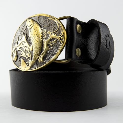 Leather Belt with brass buckle Trout, Handmade fisherman solid brass belt buckle Salmon4