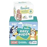 Pampers Easy Ups Pull On Bluey Training Pants Boys and Girls, 3T-4T, One Month Supply (124 Count) with Sensitive Water Based Baby Wipes 4X Pop-Top Packs (336 Count)