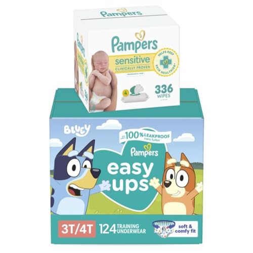Image of Pampers Easy Ups Pull On Bluey Training Pants Boys and Girls, 3T-4T, One Month Supply (124 Count) with Sensitive Water Based Baby Wipes 4X Pop-Top Packs (336 Count)