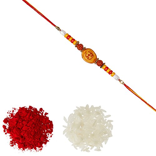 Image of Aheli Religious Wooden Shell with OM Rudraksha Ring Rakhi with Roli Chawal Tilak For Men Boys (Brown) (RD0017)