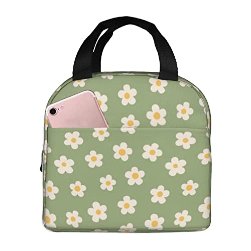 weecool Green Daisy Flower Lunch Bag for Women Men, Cute Daisy Floral Insulated Lunch Box Container with Frond Pocket for Work Picnic Travel