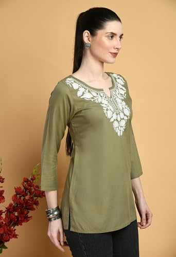 Image of QAZMI Women's Cotton,Rayon Embroidered Regular Tunic Shirt