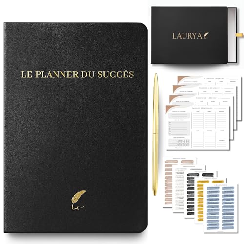 LAURYA - Planner Français de productivité, Semainier, Planning annuel mensuel journalier,agenda non daté, coffret cadeau stickers affirmations positives, to do list, bullet journal pre rempli (4 mois) (Noir)