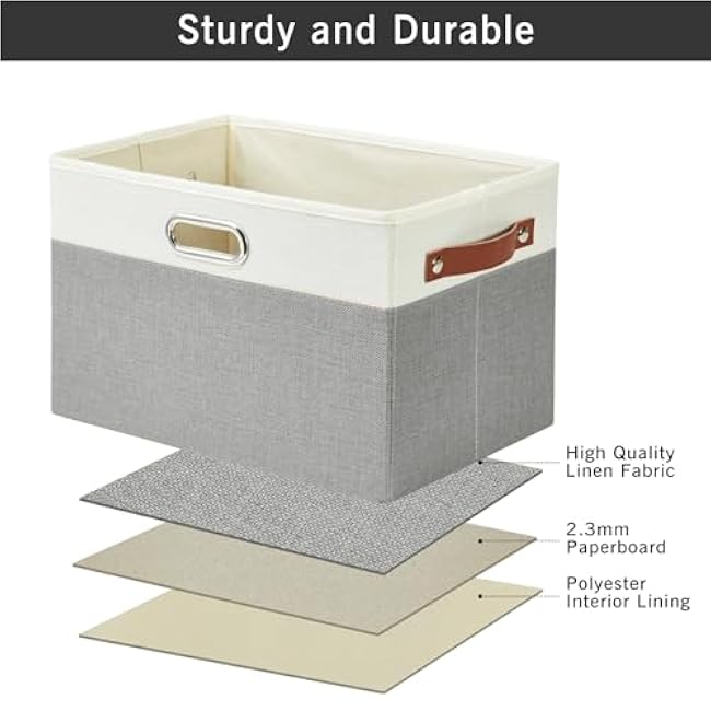 Large Collapsible Fabric Storage Bins with 3 Handles, Foldable Organizer Baskets for Closet, Shelves, Living Room | 3 Pack, Durable PU & Metal Handles (14.9x9.8x9.8, Gray & White)