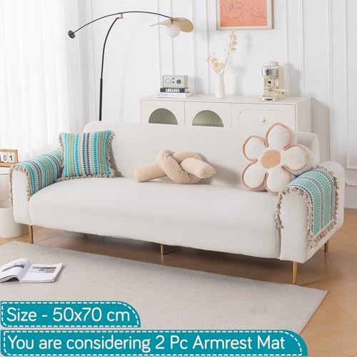 Image of HOKIPO 'Artisan Boho Series' Sofa Arm Cover with Tassel | 450 GSM Thick Cotton Acrylic Jacquard Fabric Armrest Mat Size 50x70 cm, Pack of 2, Aqua Blue (IN-899-A4*2SM)